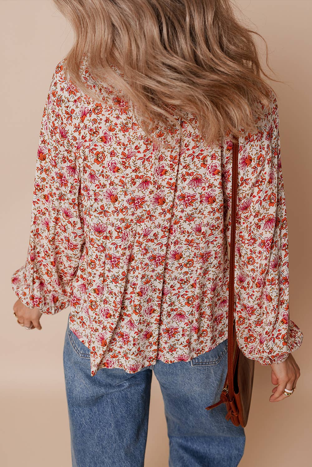 Floral Print Pleated Detail Notched Neck Blouse