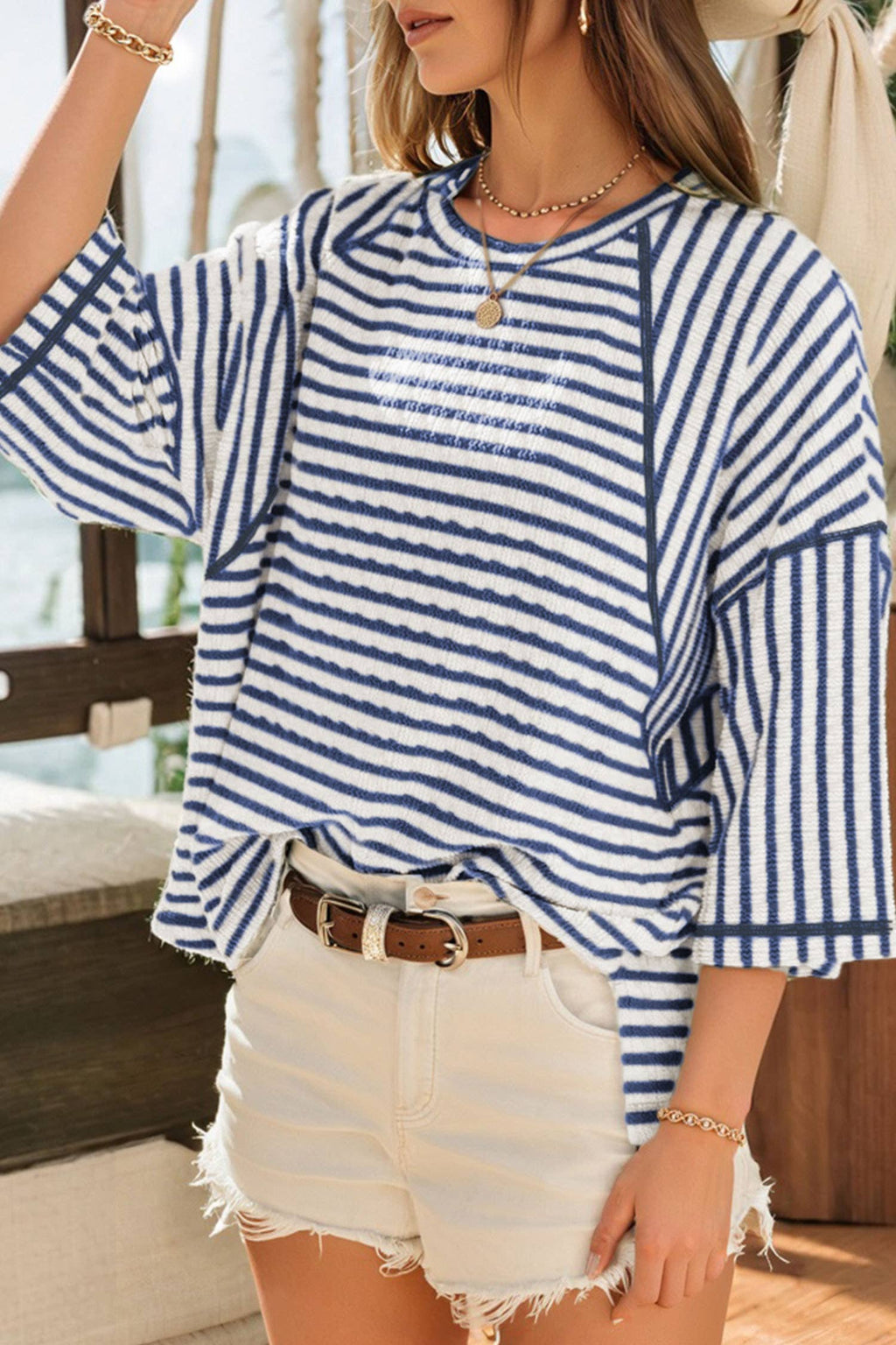 Stripe Textured Knit Split Hem Half Sleeve Top