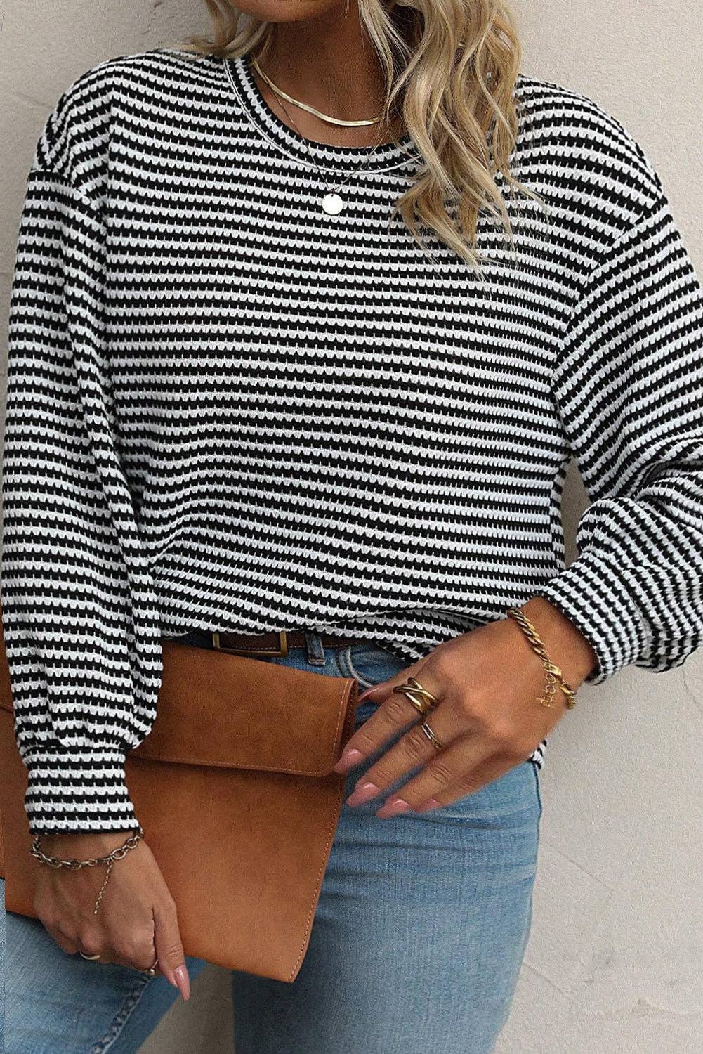 Plus Size Stripe Puff Long Sleeve T-Shirt