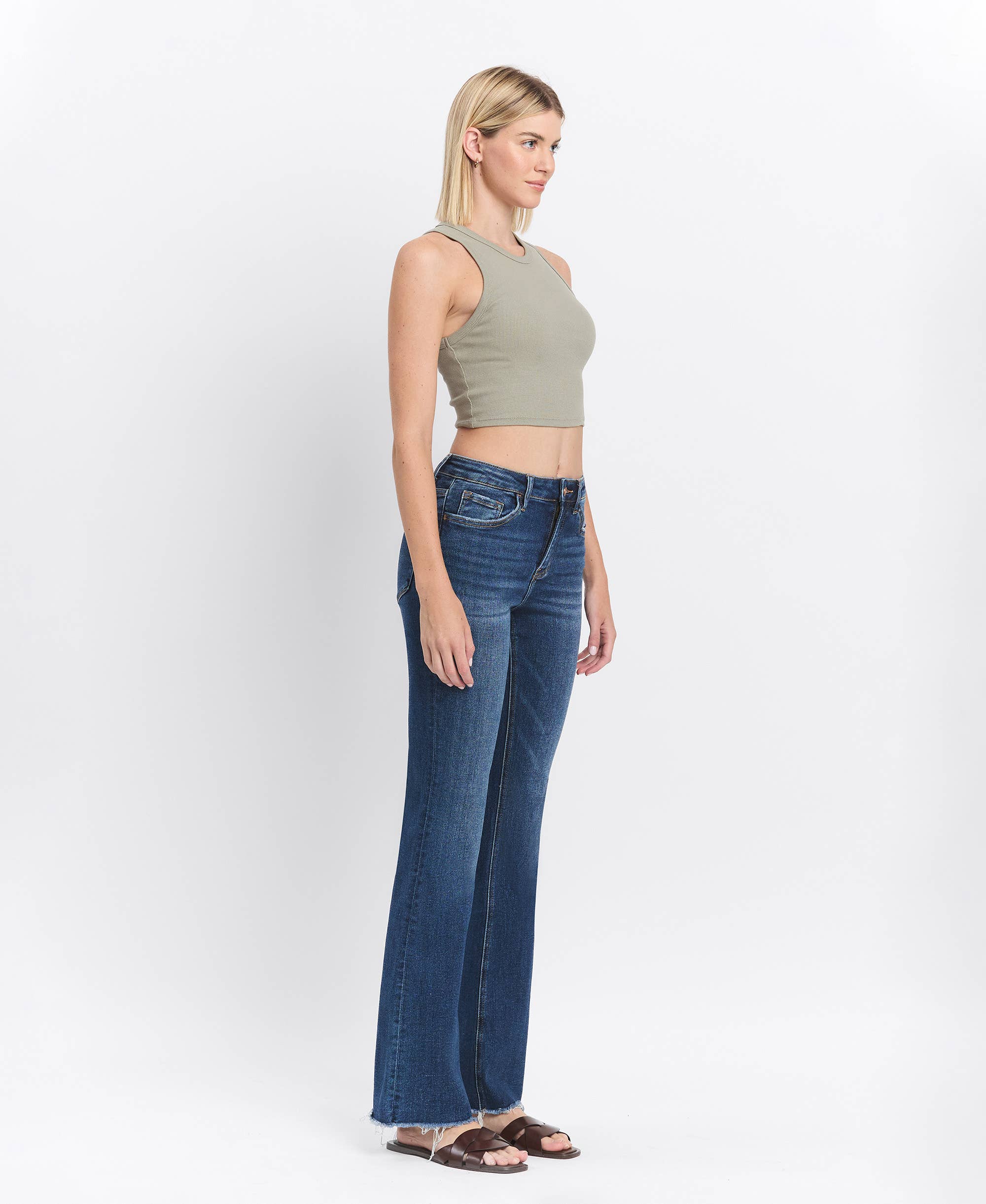 Lovervet by VERVET High Rise Medium Dark Wash Raw Hem Bootcut Jeans