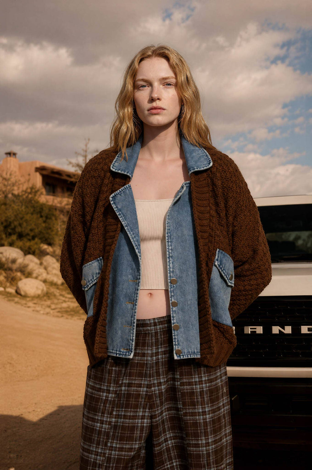 MIXED MEDIA CABLE KNIT DENIM TRIM JACKET