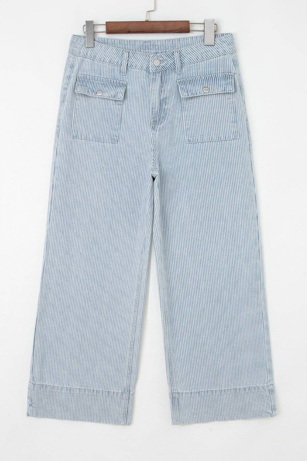 Stripe Button Flap Pocket Cuffed Hem Wide Leg Jeans