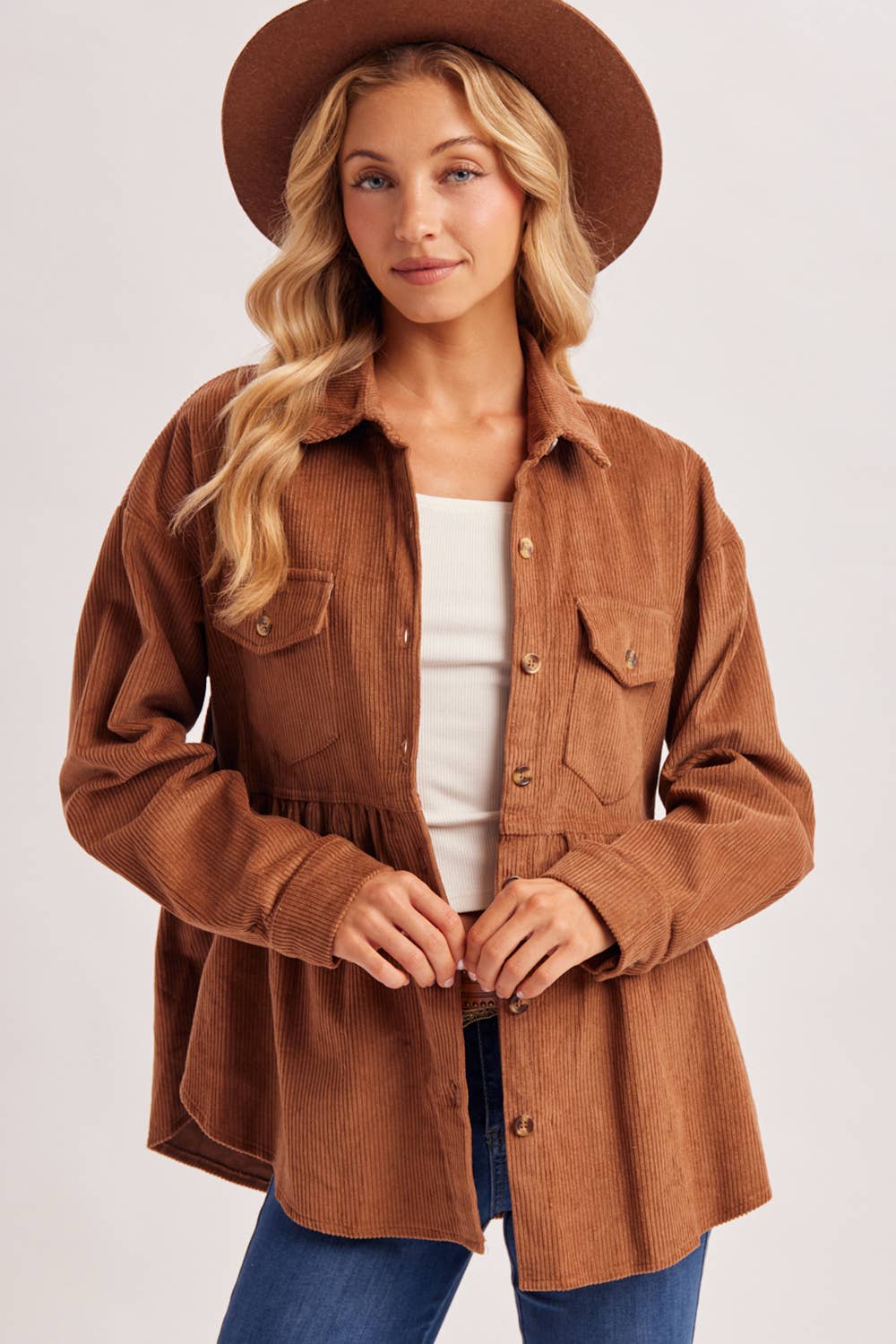 BUTTON DOWN CORDUROY PEPLUM SHACKET