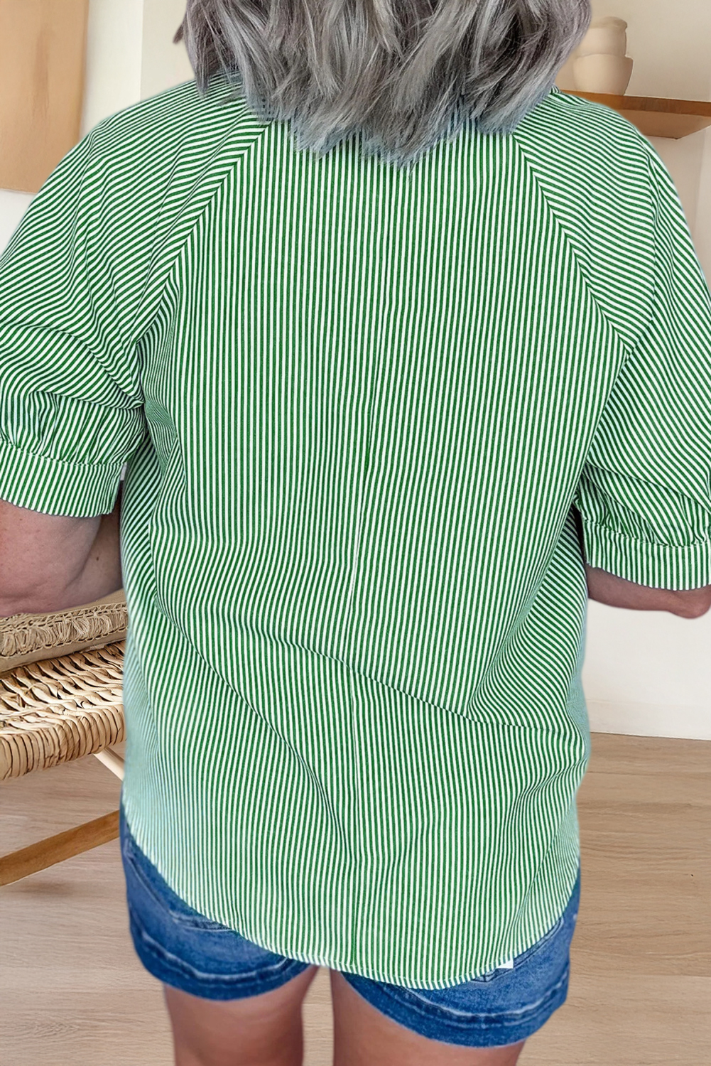 Striped Print Collared Split Neck Half Sleeve Blouse