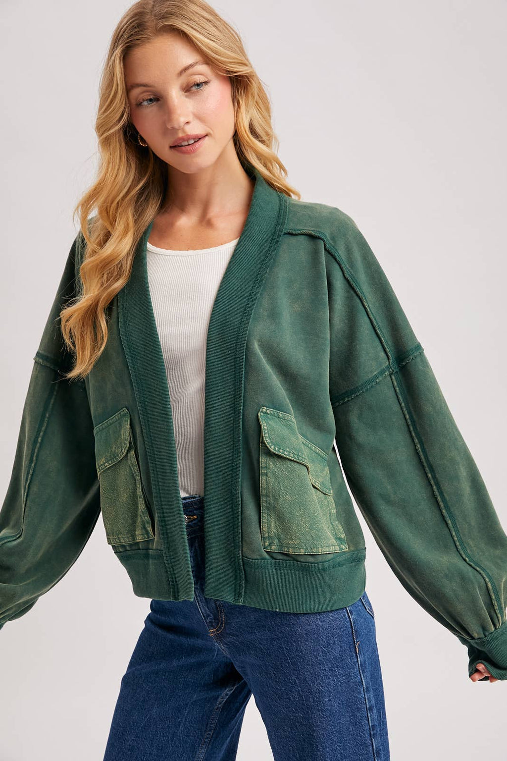 WASHED COLLARLESS OPEN FRONT CARDIGAN