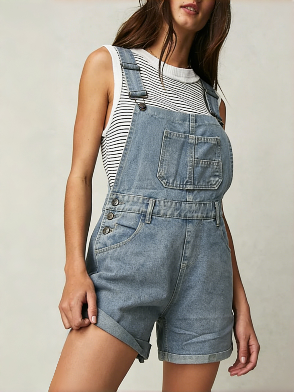 Washed Denim Short Overalls