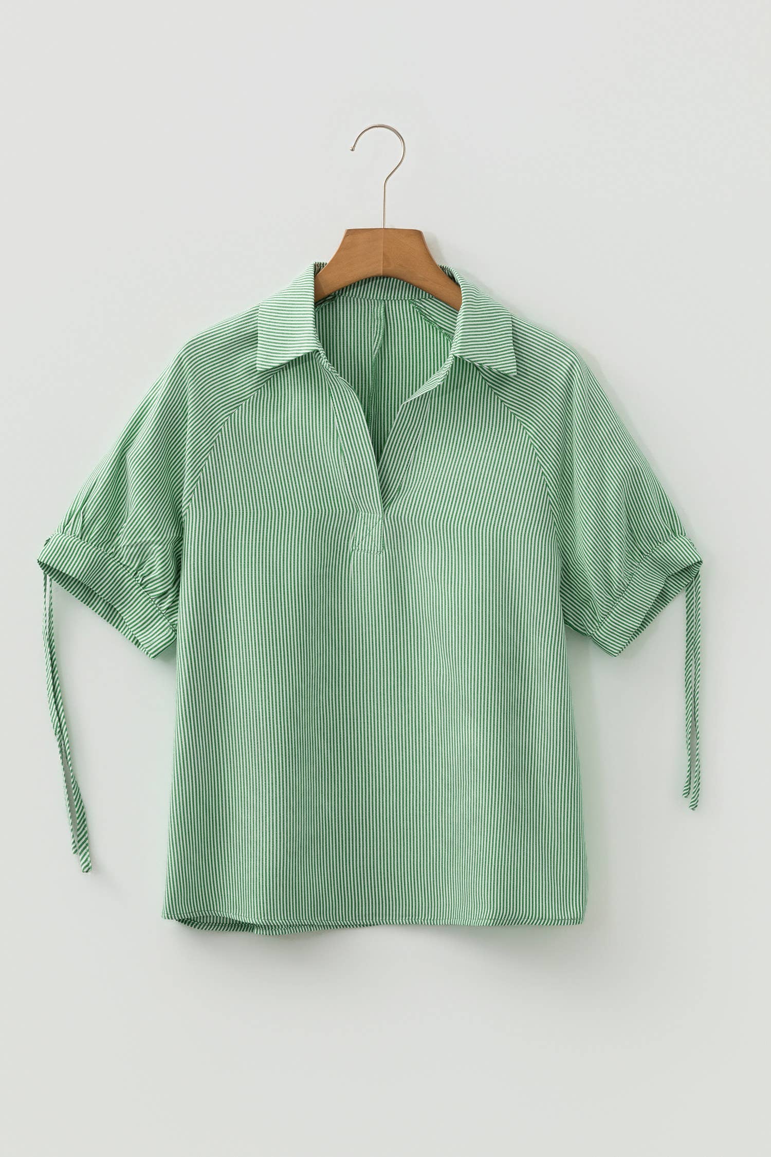 Striped Print Collared Split Neck Half Sleeve Blouse
