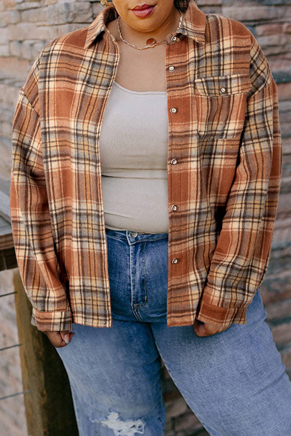 Plus Size Plaid Flap Pocket Buttoned Shacket