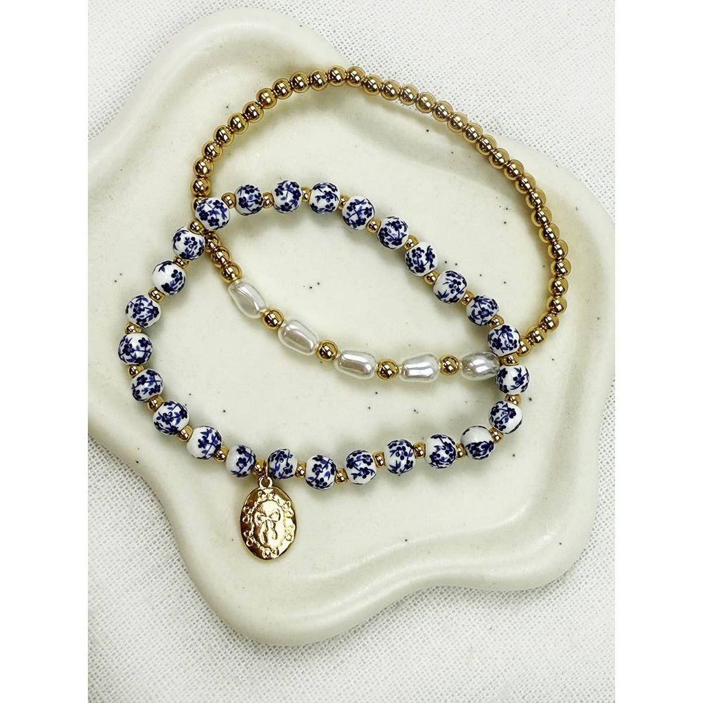 Blue Oval Metal Charm with Cermamic Bead Bracelet