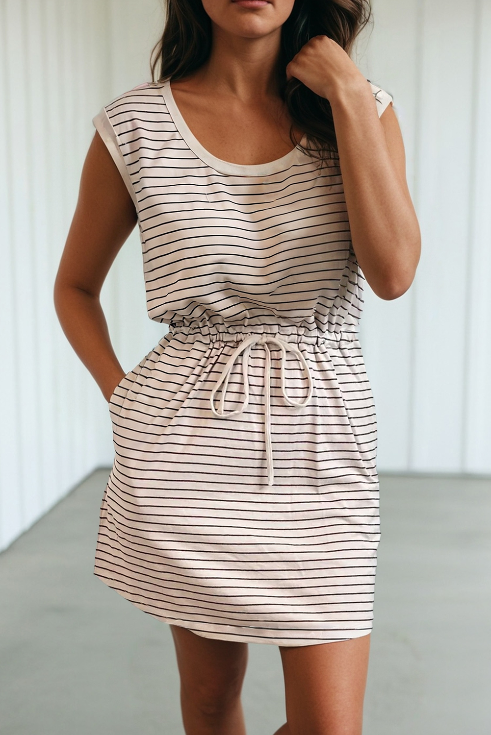 Stripe Drawstring Tunic Tank Pocket Mini Dress