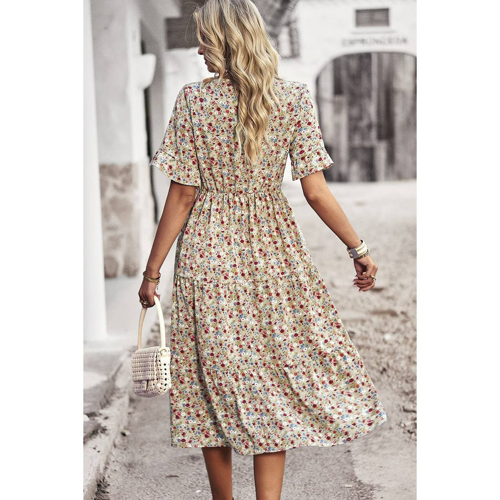 Boho Floral Ruffle Hem V Neck Short Sleeve Dress