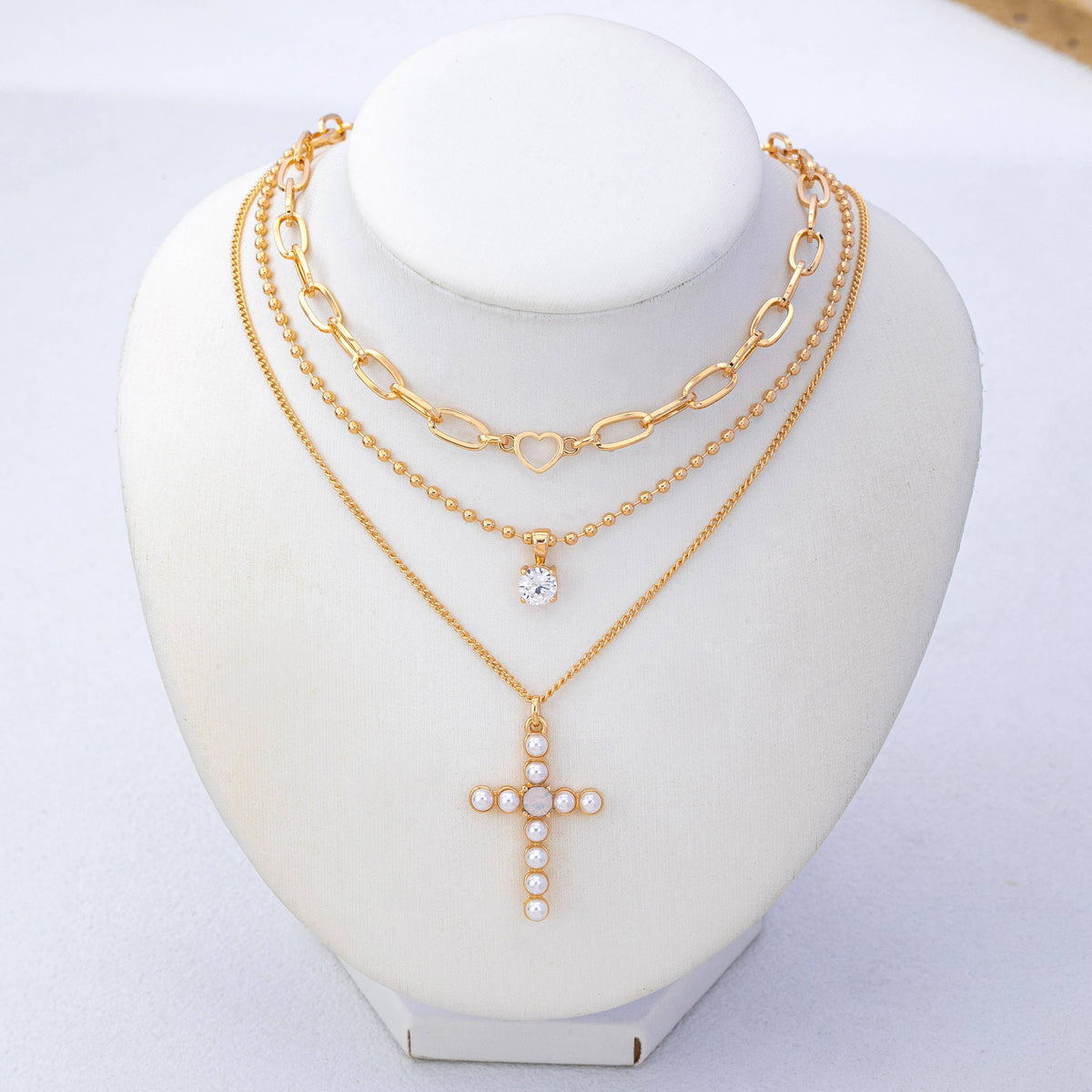 Multi-Layered Pearl Cross Rhinestone Necklace