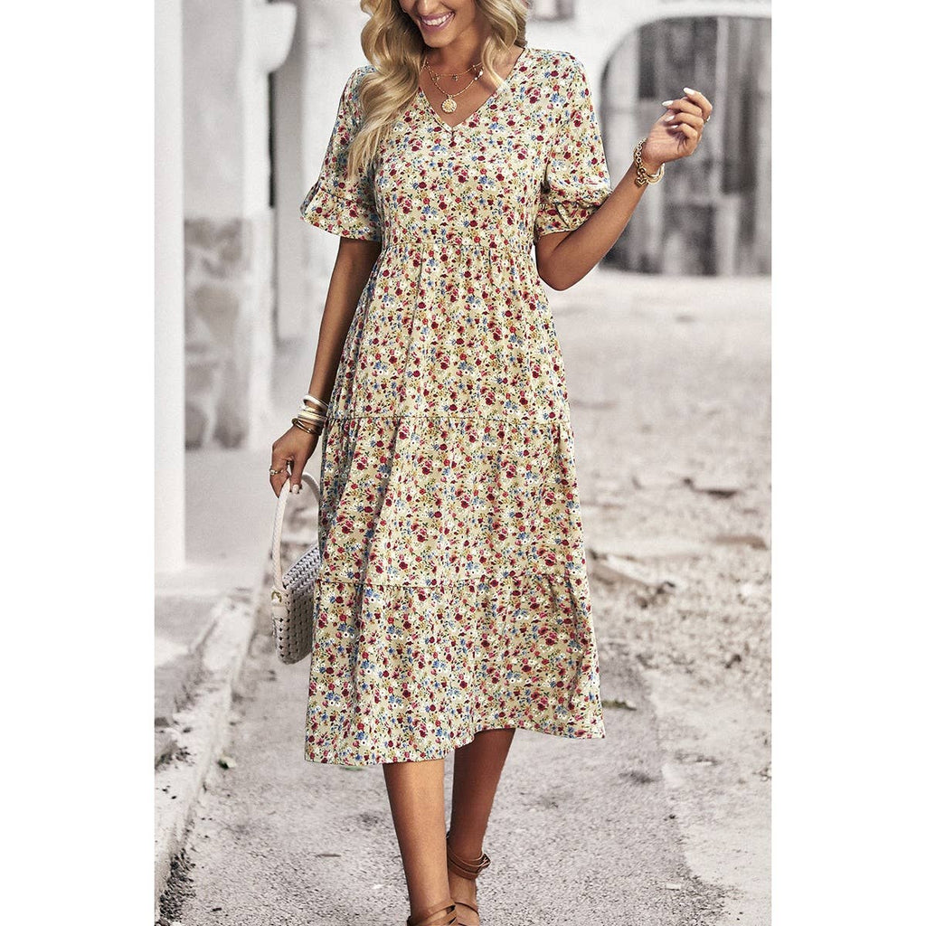 Boho Floral Ruffle Hem V Neck Short Sleeve Dress