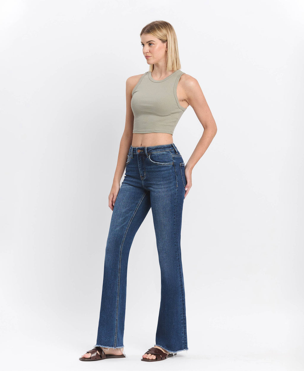 Lovervet by VERVET High Rise Medium Dark Wash Raw Hem Bootcut Jeans