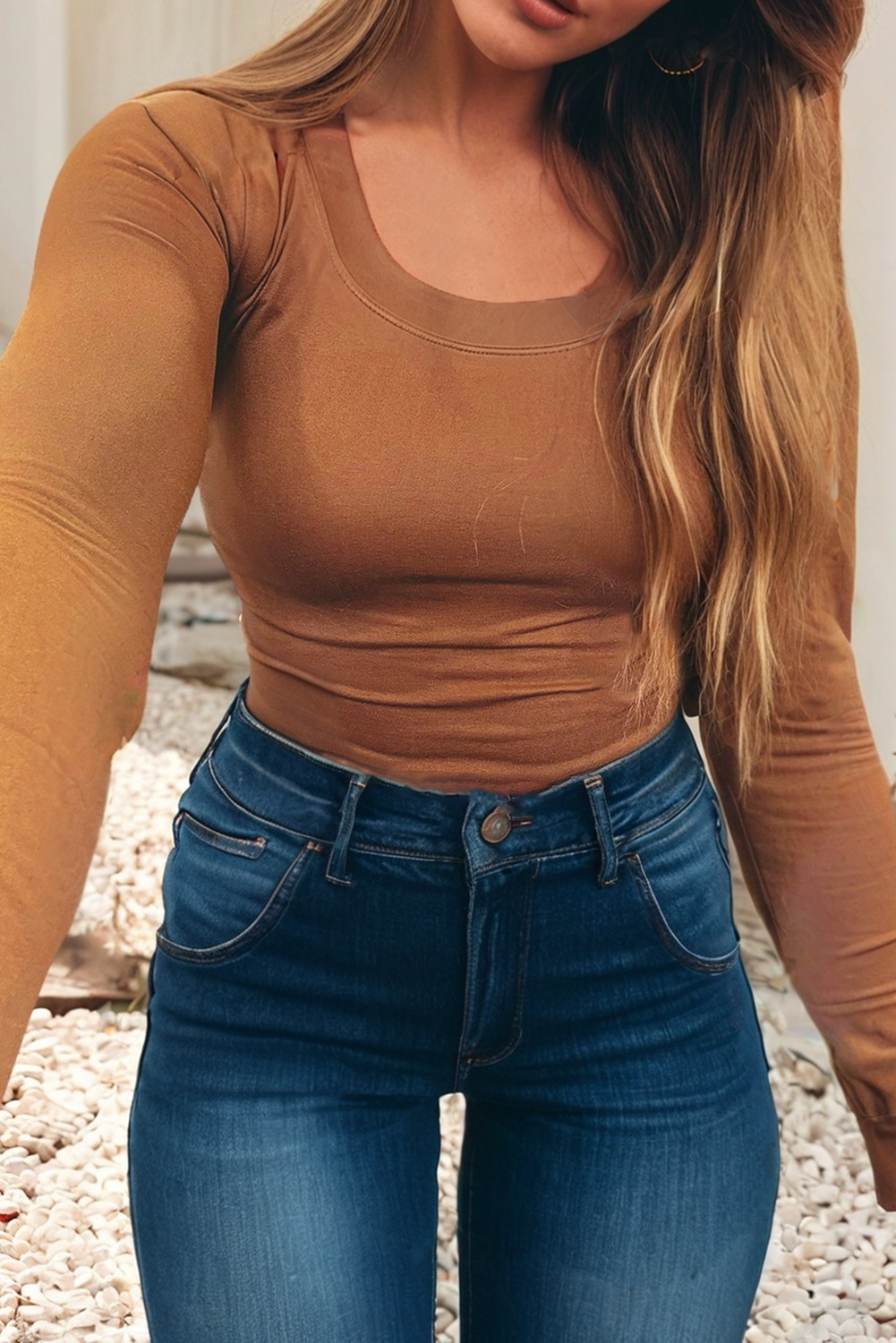 Solid Color Long Sleeve Fitted Top