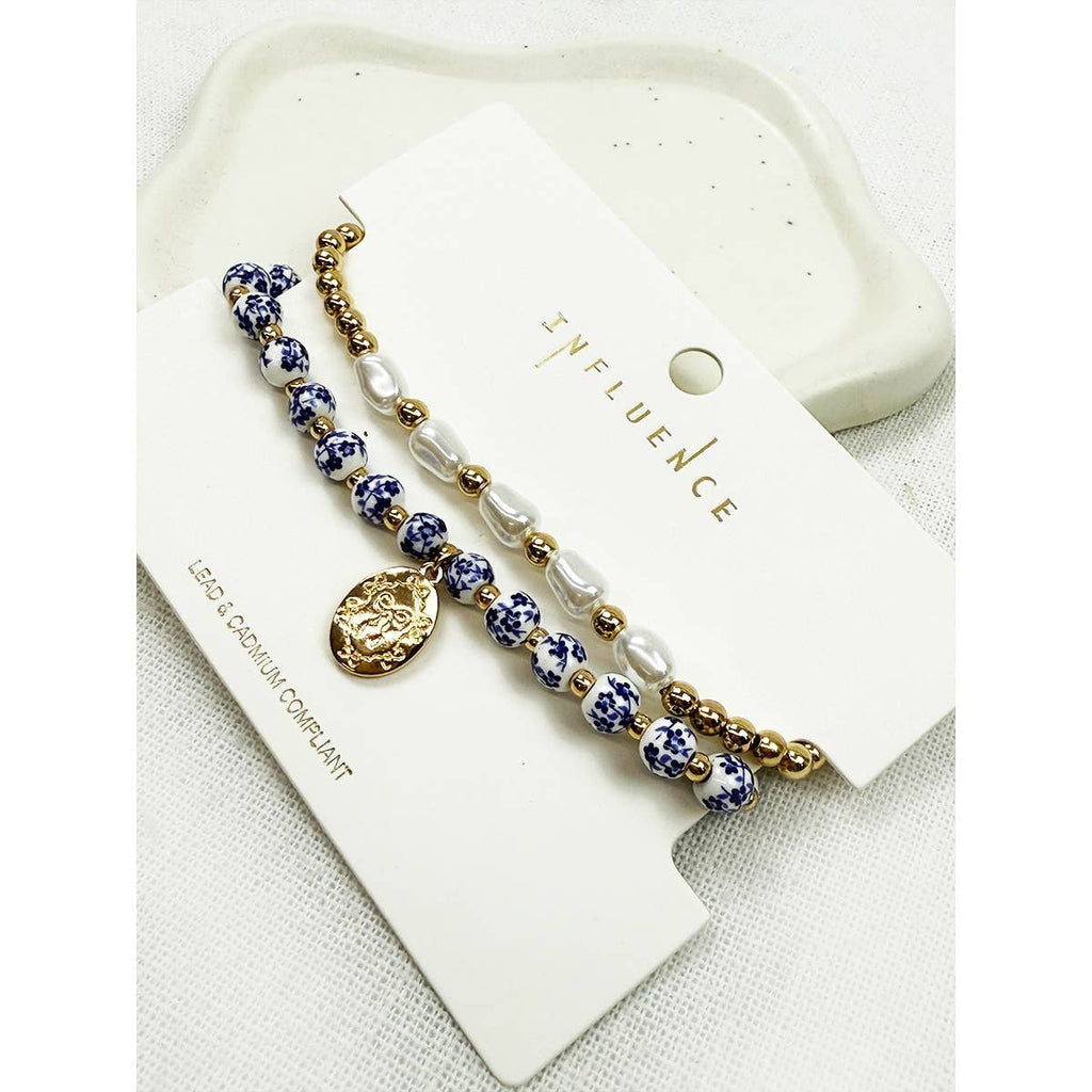 Blue Oval Metal Charm with Cermamic Bead Bracelet