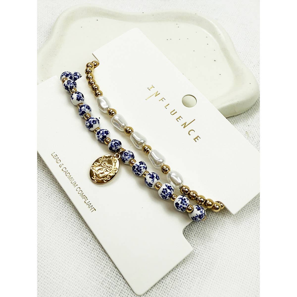 Blue Oval Metal Charm with Cermamic Bead Bracelet