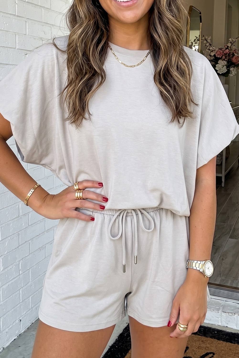 Solid Puffy Top Drawstring Shorts 2pcs Outfit