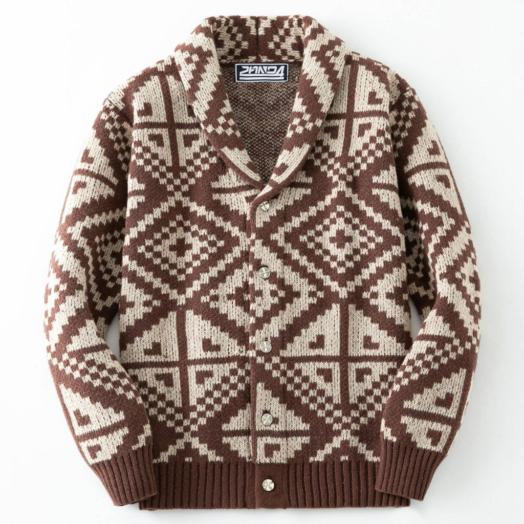 Cowichan-style Geometric Aztec Jacquard Knit Sweater