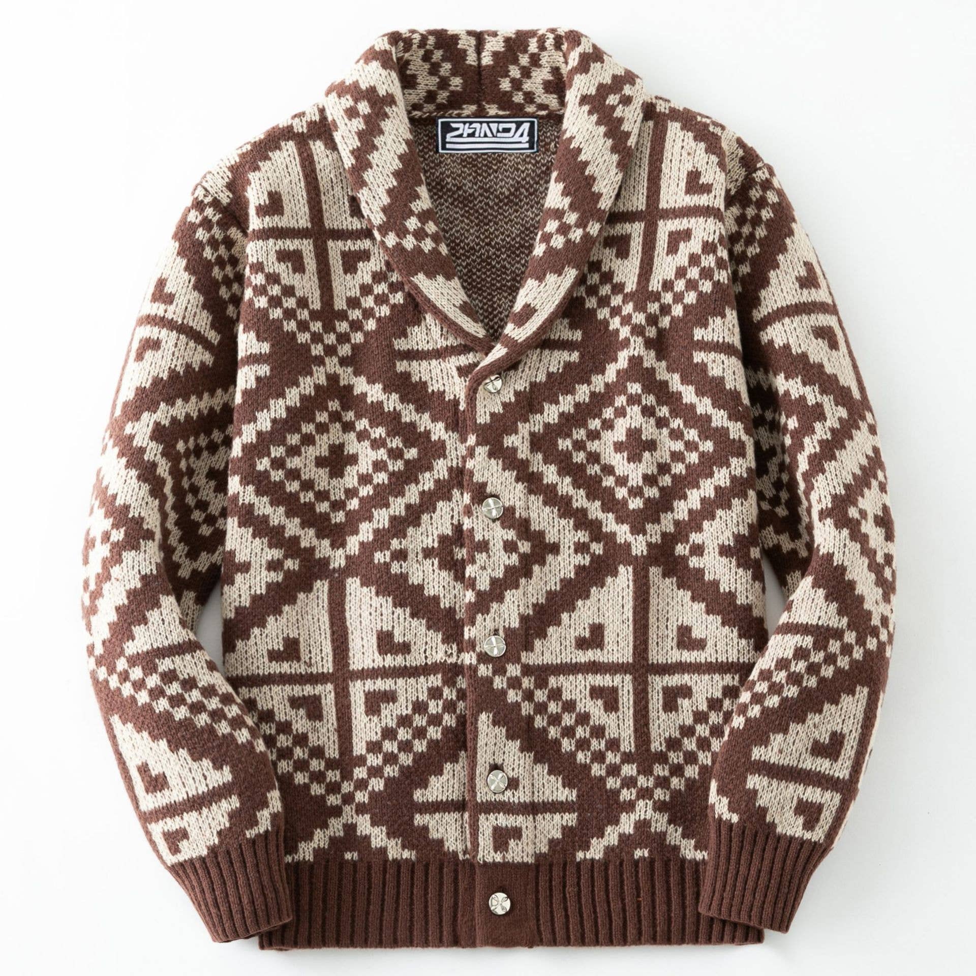 Cowichan-style Geometric Aztec Jacquard Knit Sweater