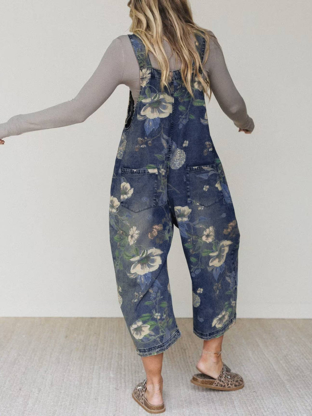 Boho Floral Print Denim Overalls with Adjustable Straps