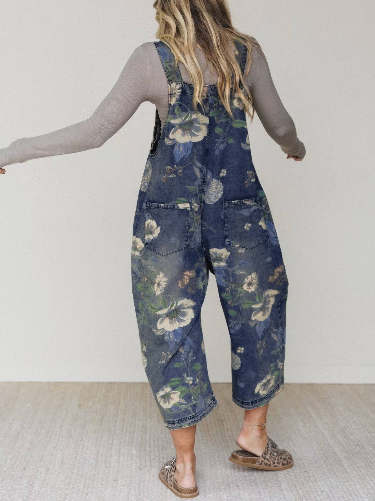 Boho Floral Print Denim Overalls with Adjustable Straps