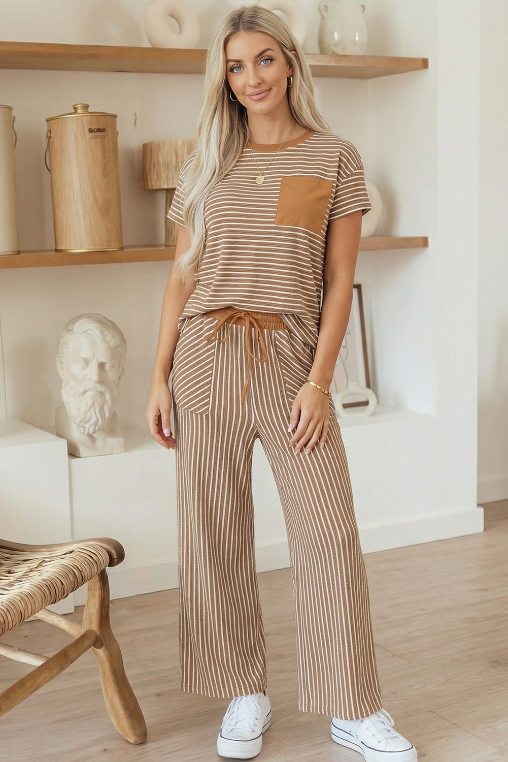 Stripe Tee and Drawstring Waist Pants Set