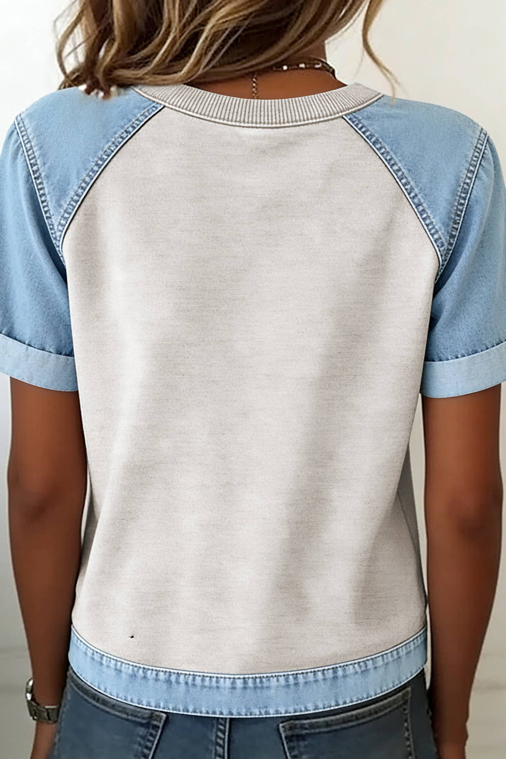 Denim Color Block Patchwork Round Neck Tee