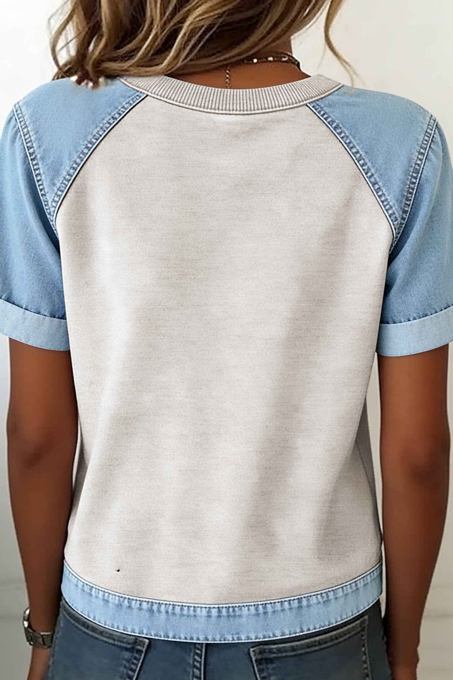 Denim Color Block Patchwork Round Neck Tee
