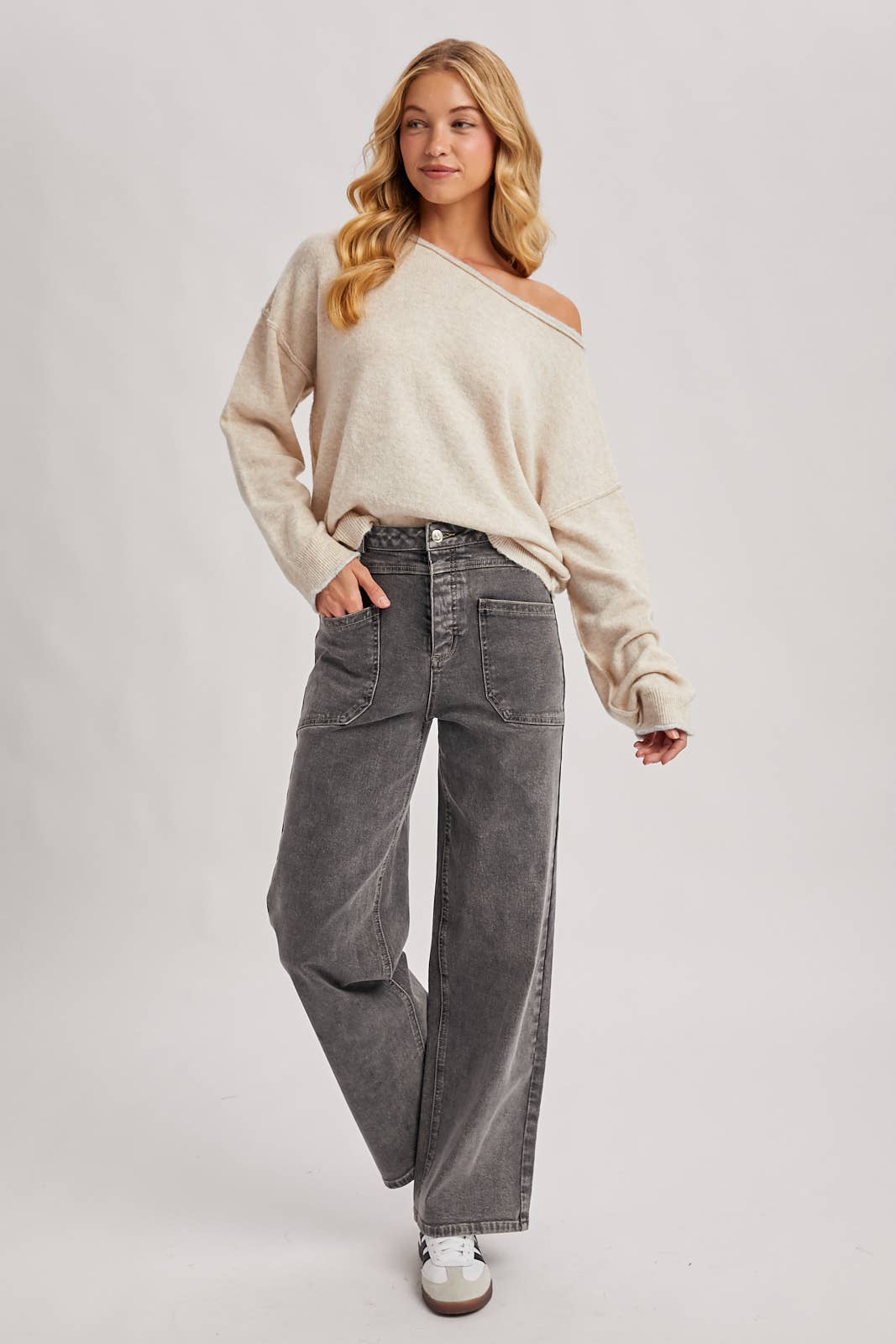 BOAT NECK ROLLED TRIM SOFT HEATHERED KNIT PULLOVER