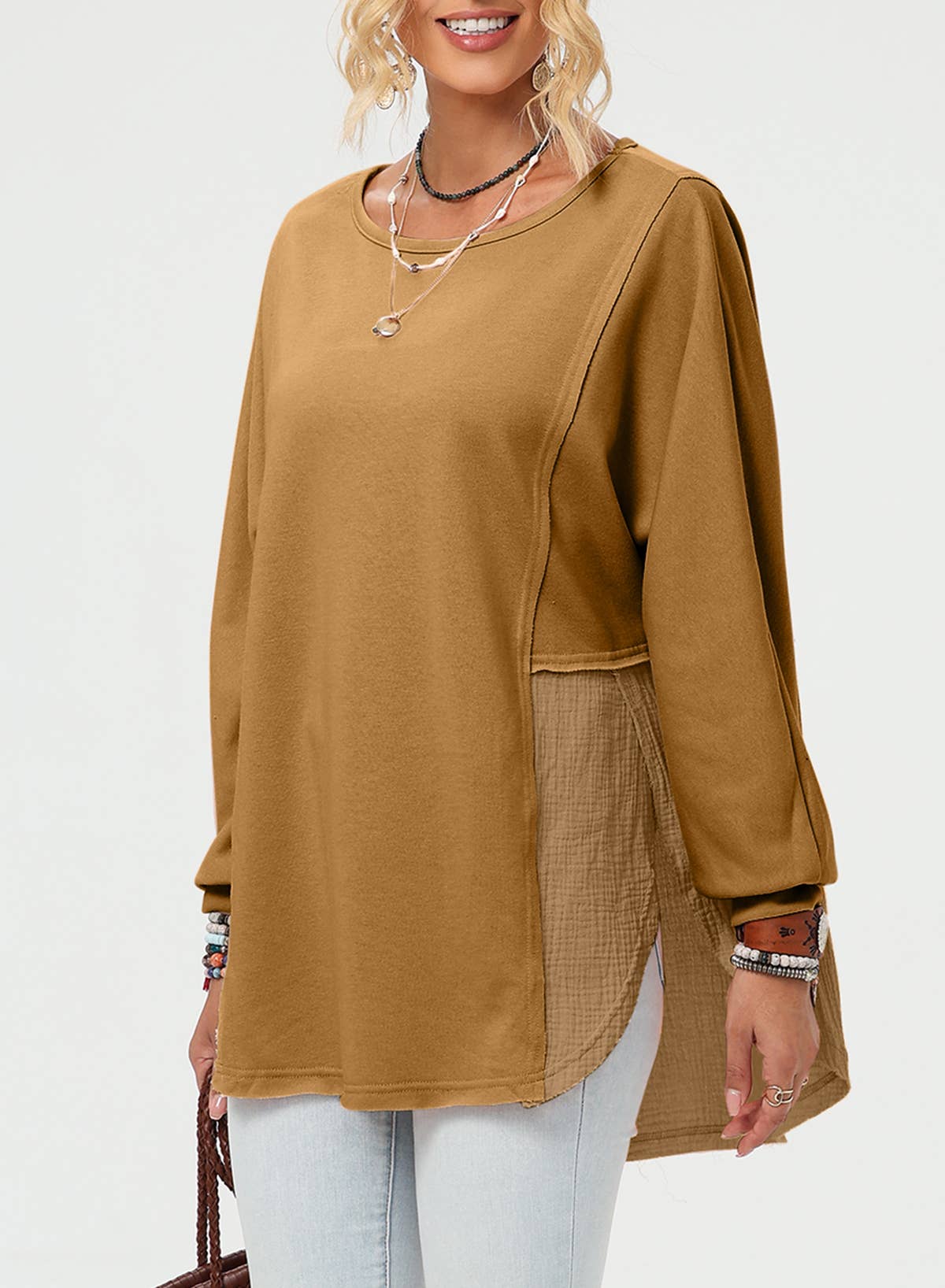 Crinkle Splicing Raw Hem High Low Oversized Blouse