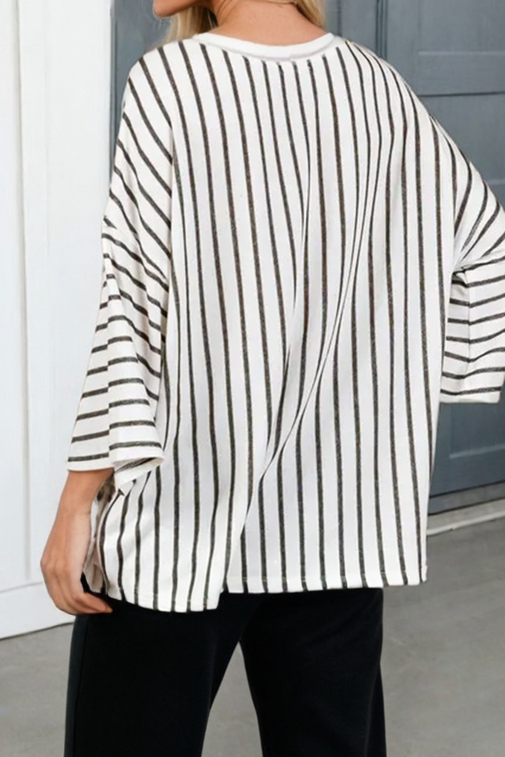Stripe Colorblock 3/4 Sleeve Loose T Shirt