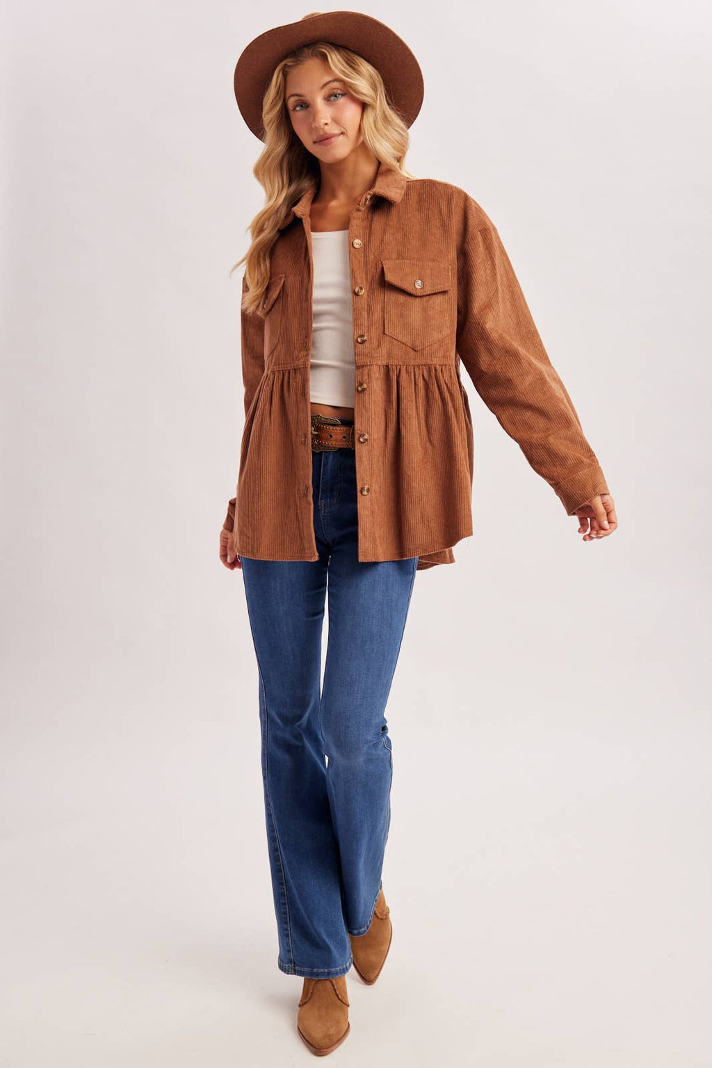 BUTTON DOWN CORDUROY PEPLUM SHACKET