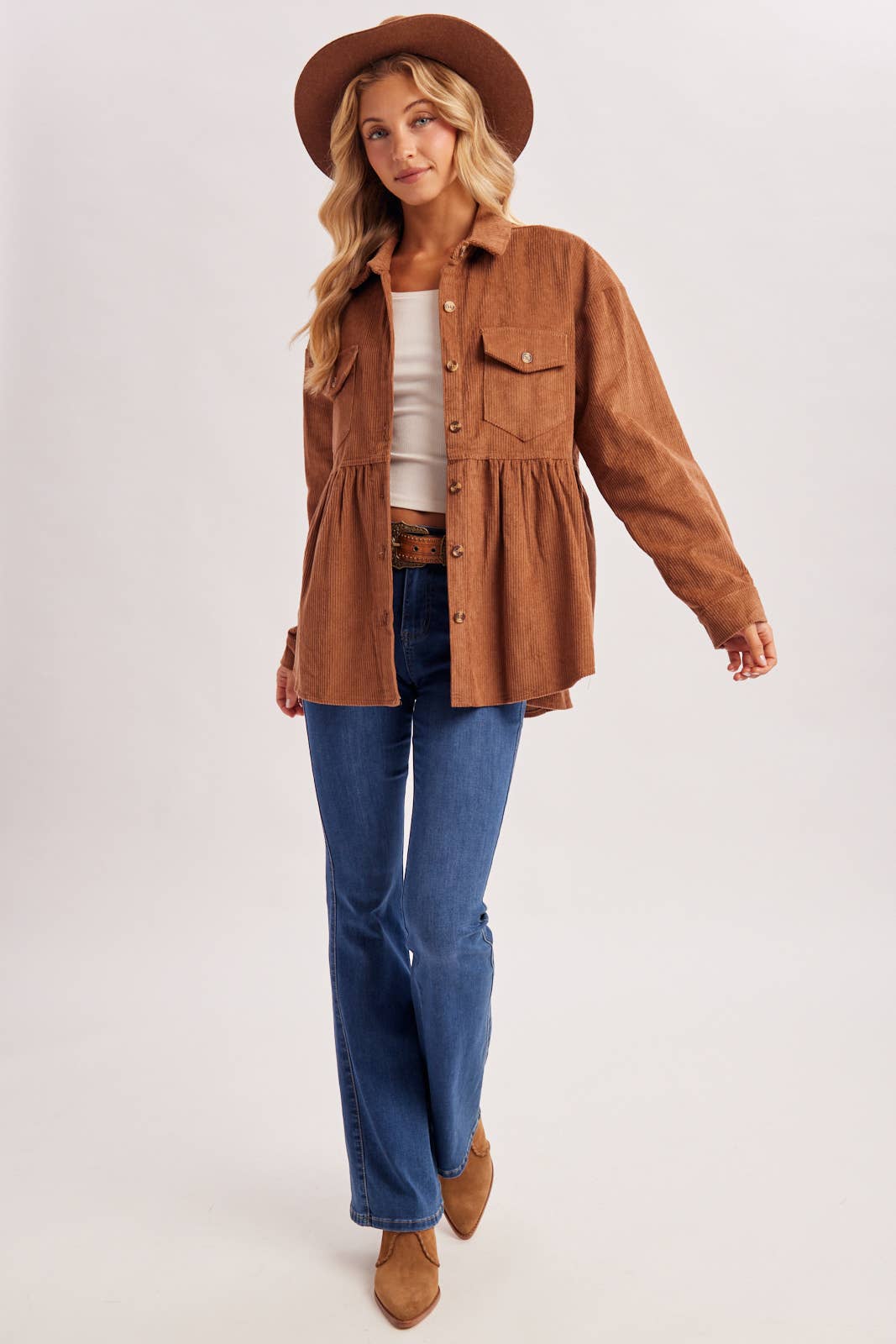 BUTTON DOWN CORDUROY PEPLUM SHACKET