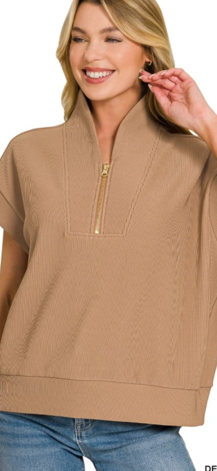 Zenana Ribbed High Neck Half Zip Top
